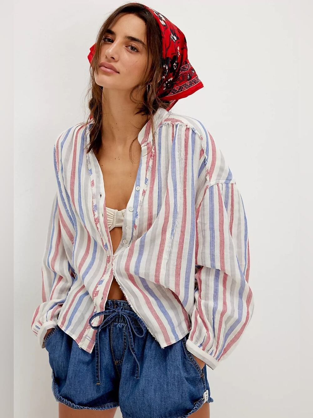 Free People Valley Double Cloth Striped Shirt in Ivory Combo L